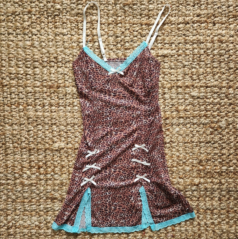 Leopard Print Slip Dress with Blue Lace Trim